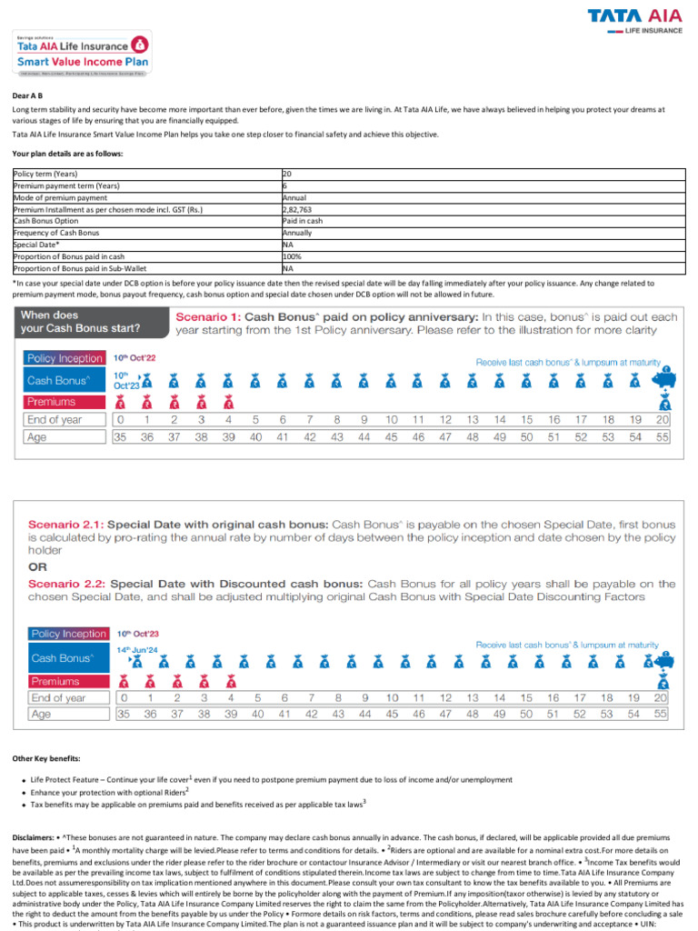 Tata AIA Smart Value Income Plan Details | PDF | Insurance | Life Insurance