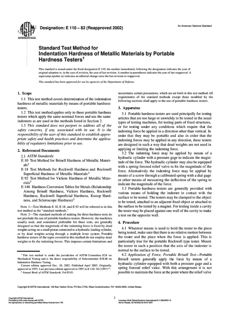 Portable Hardness Testing Standard E 110 | PDF | Mechanical Engineering ...