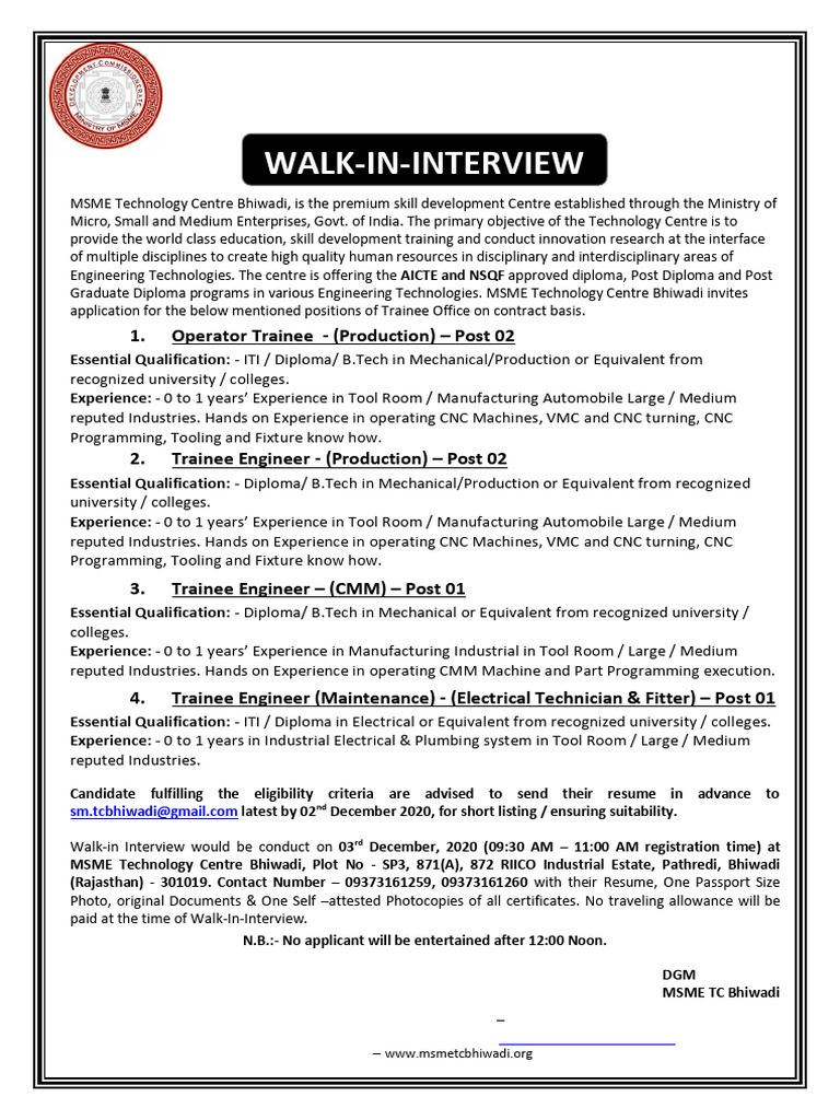MSME Bhiwadi Walk-In Interview for Trainees | PDF