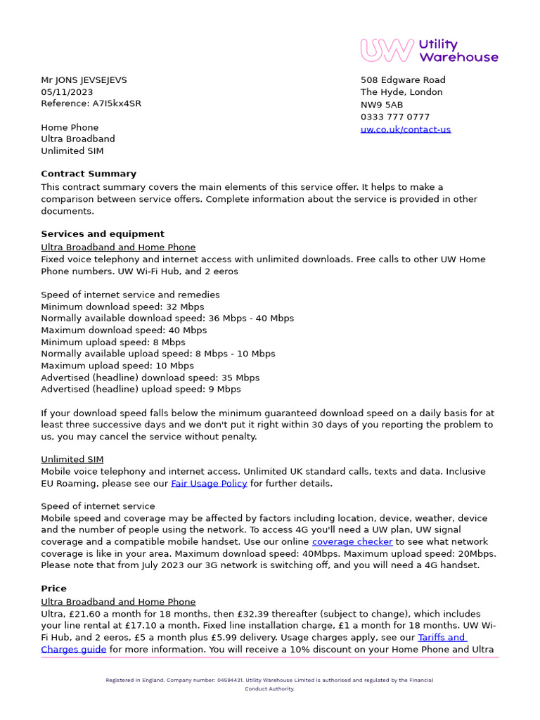 Utility Warehouse Ultra Broadband Contract | PDF | Mobile Phones ...