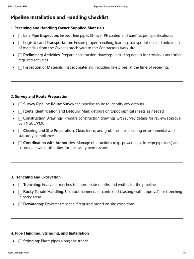 Pipeline Installation and Survey Checklist | PDF | Pipe (Fluid ...