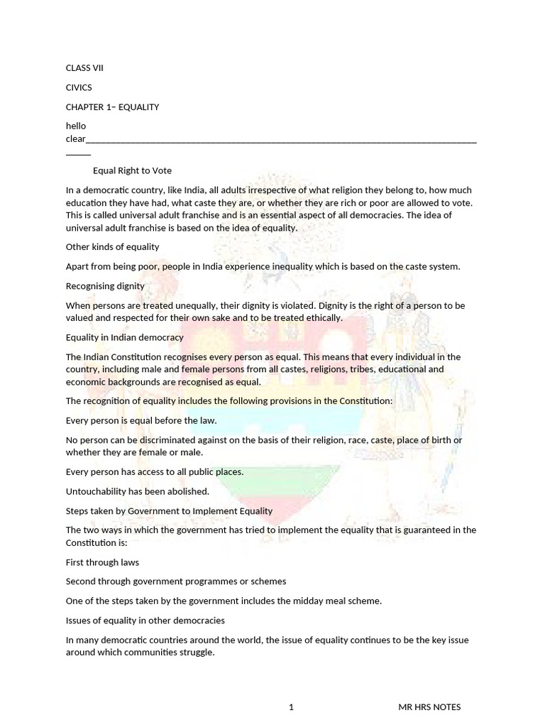 CLASS VII CIVICS EQUALITY - Reference Material | PDF | Social Equality ...