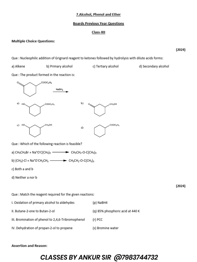 Alcohols, Phenols, and Ethers MCQs | PDF | Ether | Methyl Group