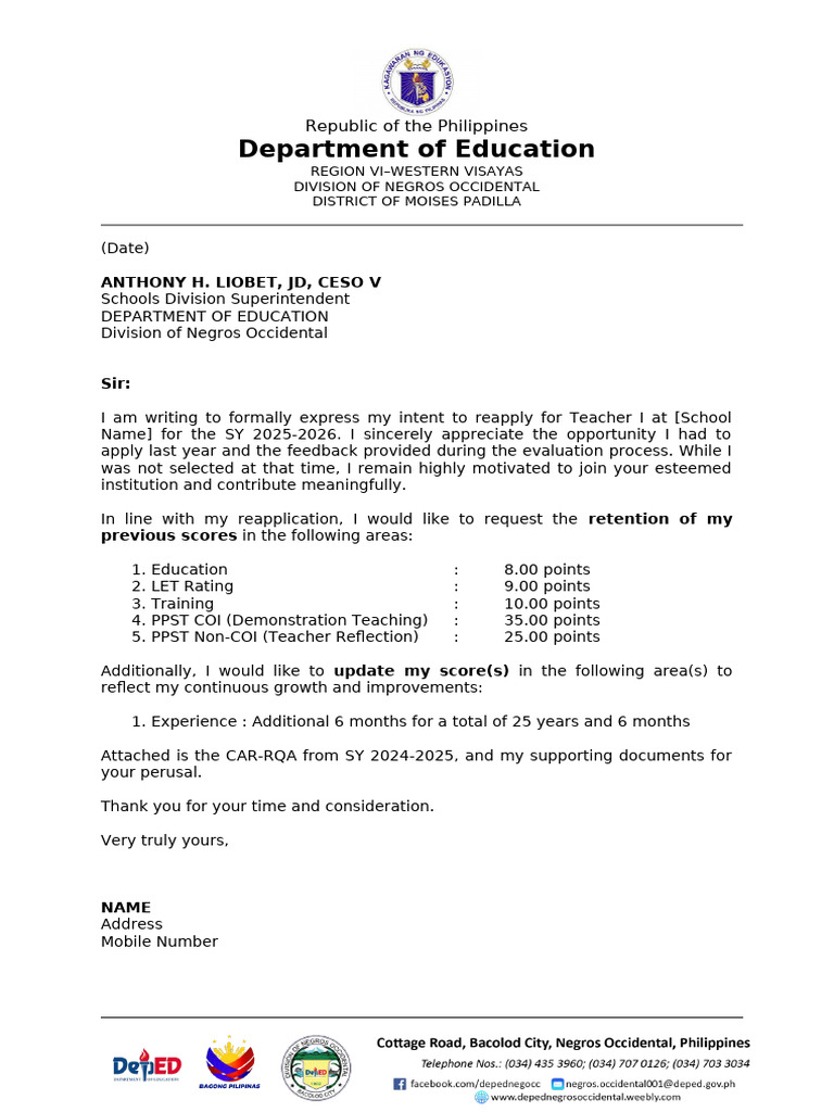 Teacher I Reapplication Request Letter | PDF
