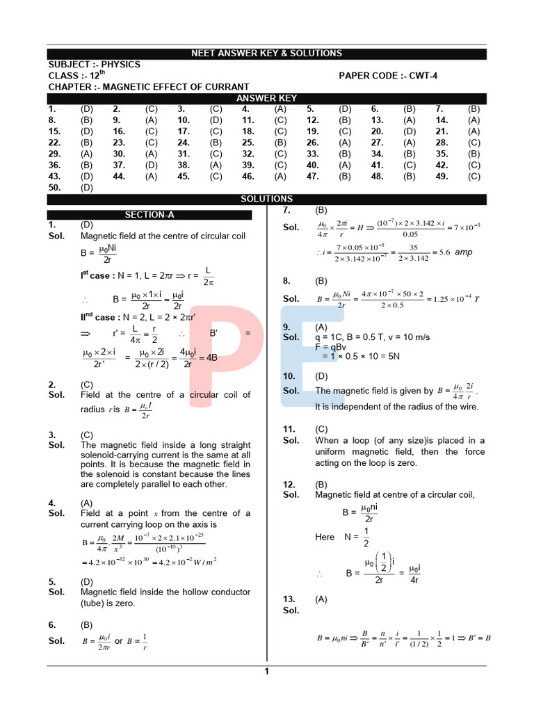 NEET Physics Magnetic Field Solutions | PDF | Magnetic Field | Force