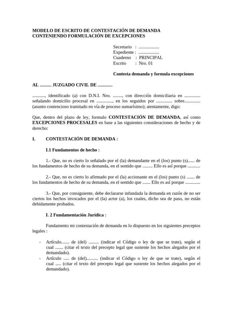 Contestación de Demanda y Excepciones | PDF | Demanda judicial | Ley ...
