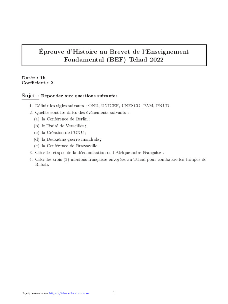 Épreuve d'Histoire BEF Tchad 2022 | PDF