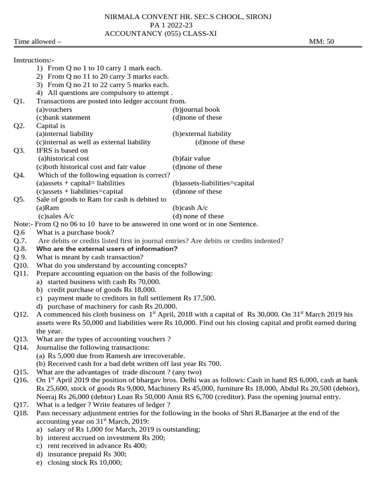 Class 11 Accountancy Question Paper 2023 | PDF | Debits And Credits | Debt