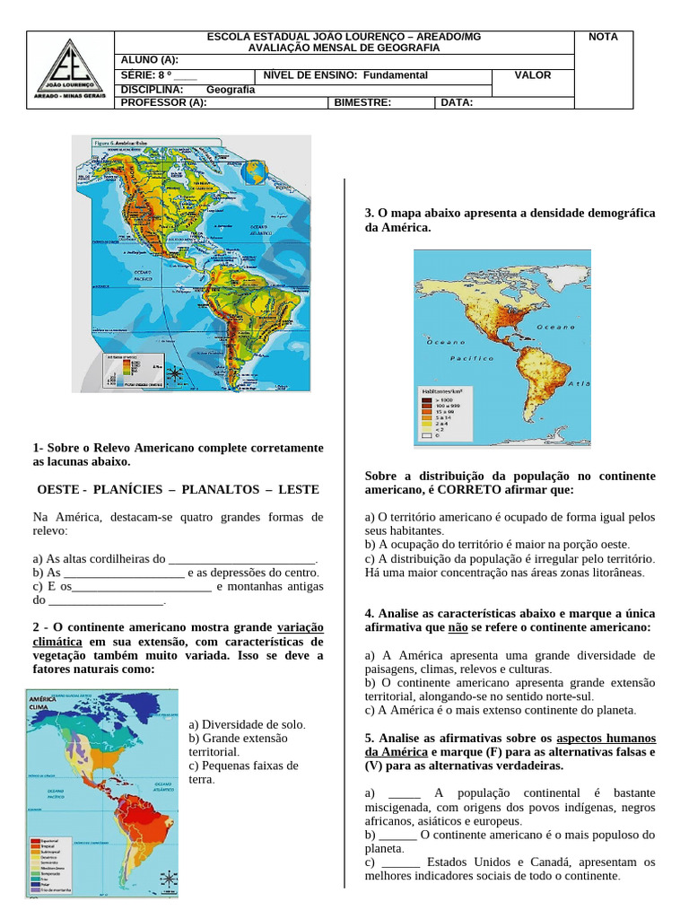 Avaliação de Geografia 8º Ano - América | PDF | Américas | Continente