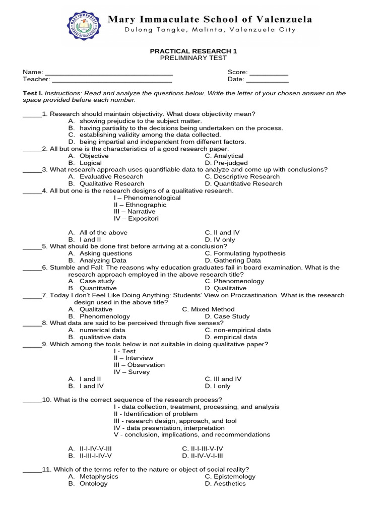 Practical Research 1: Preliminary Test Guide | PDF | Data Analysis ...