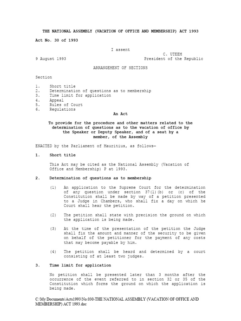 No 030 National Assembly Vacation Office and Membership Act ...