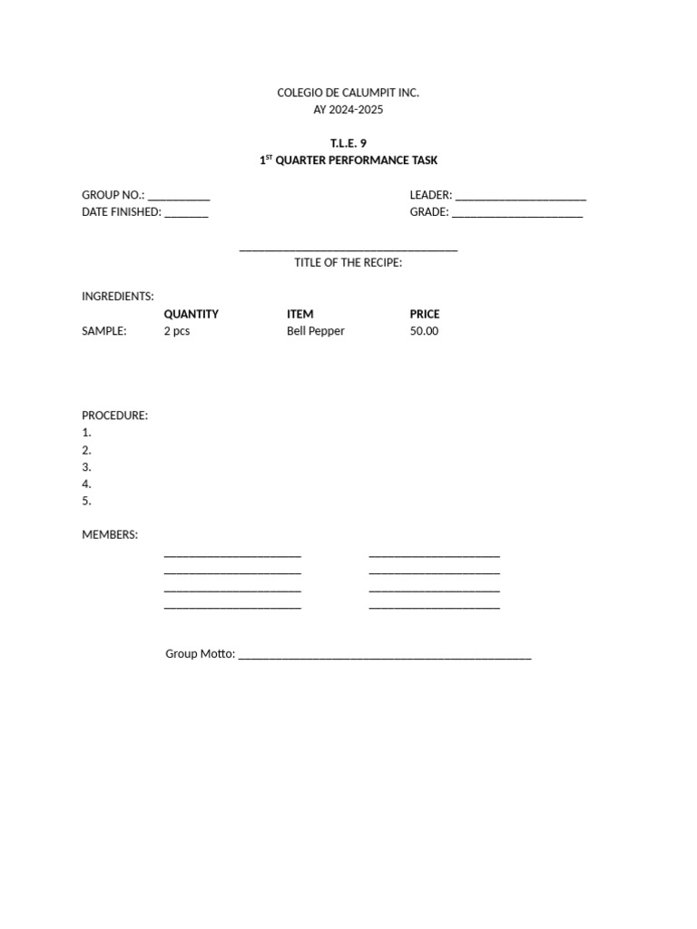 T.L.E. 9 Recipe Performance Task Template | PDF
