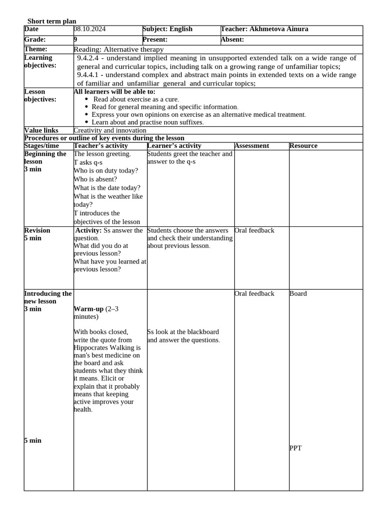 Lesson Plan: Reading on Alternative Therapy | PDF | Curriculum | Cognition