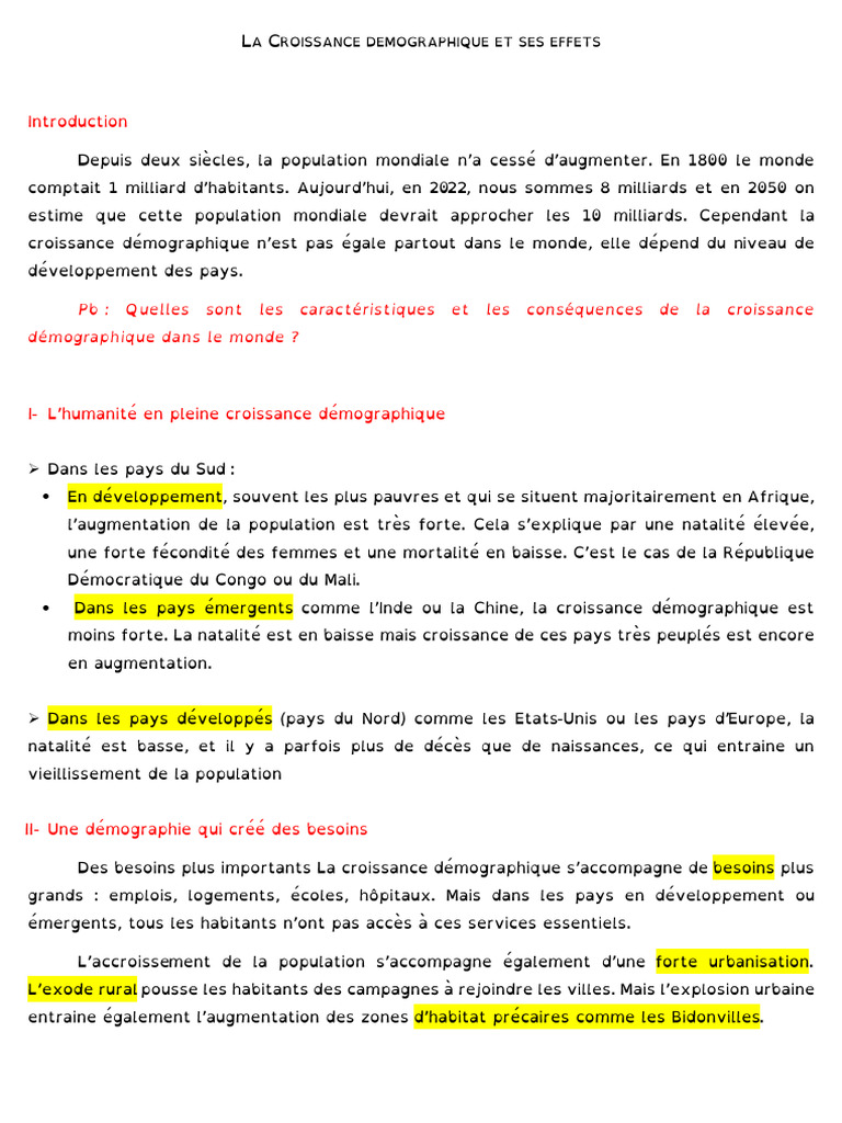 Lecon La Croissance Demographique | PDF