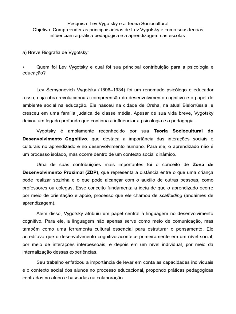 Vygotsky e a Teoria Sociocultural na Educação | PDF