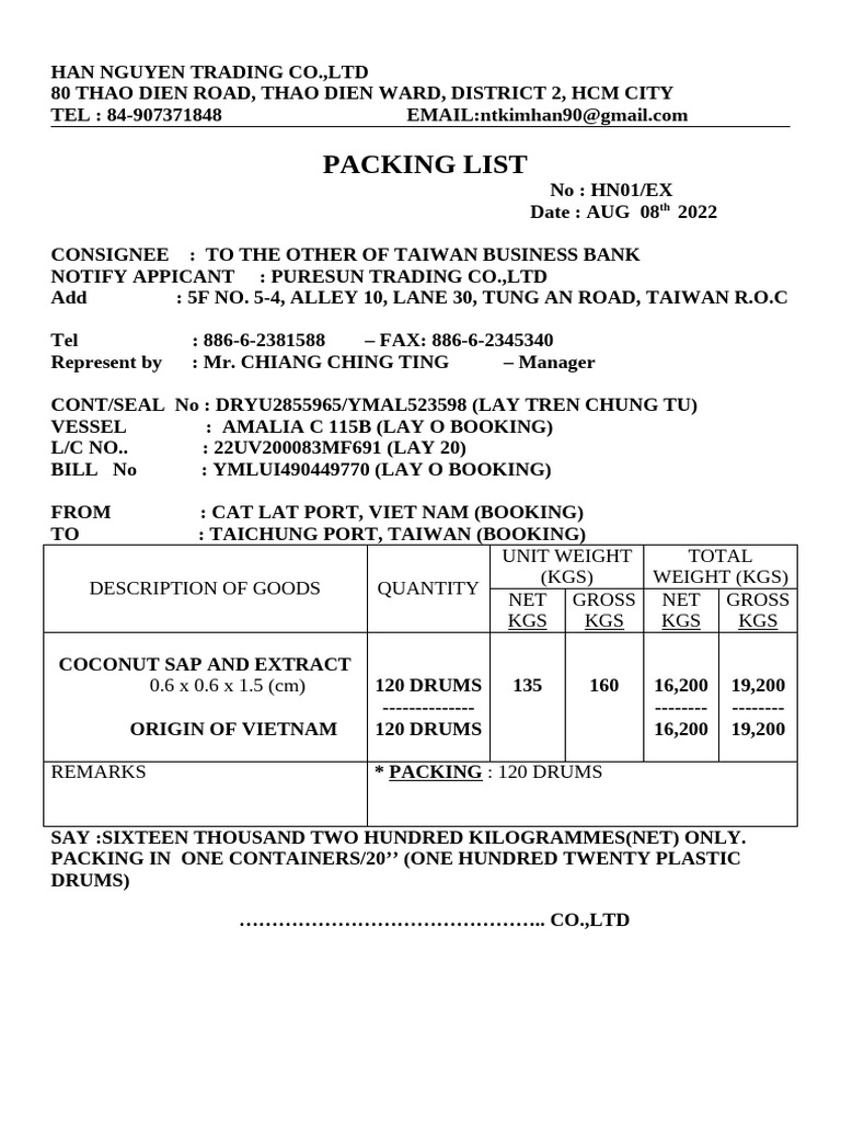 Packing List: Description of Goods Quantity Unit Weight (KGS) Total ...