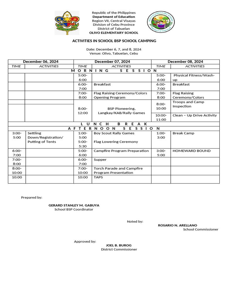 Olivo Elementary School BSP Camping 2024 | PDF | Outdoor Recreation ...