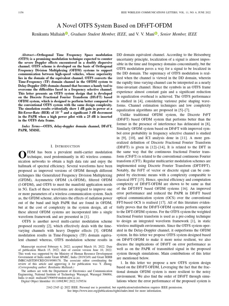 DFrFT-OFDM Based OTFS System Design | PDF | Orthogonal Frequency ...