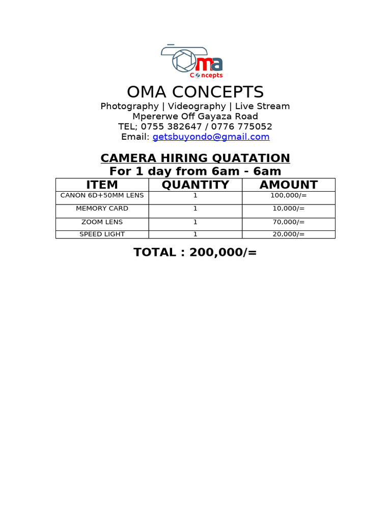 Camera Hire Quotation for Events | PDF