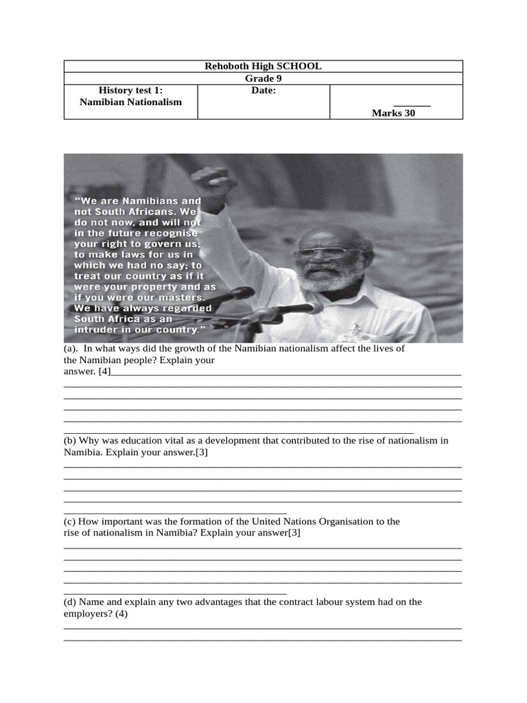 Grade 9 History Test: Namibian Nationalism | PDF | Namibia