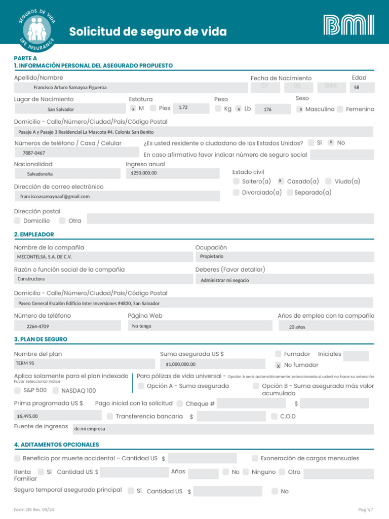 Solicitud de Vida Bmi I | PDF | Póliza de seguros | El embarazo