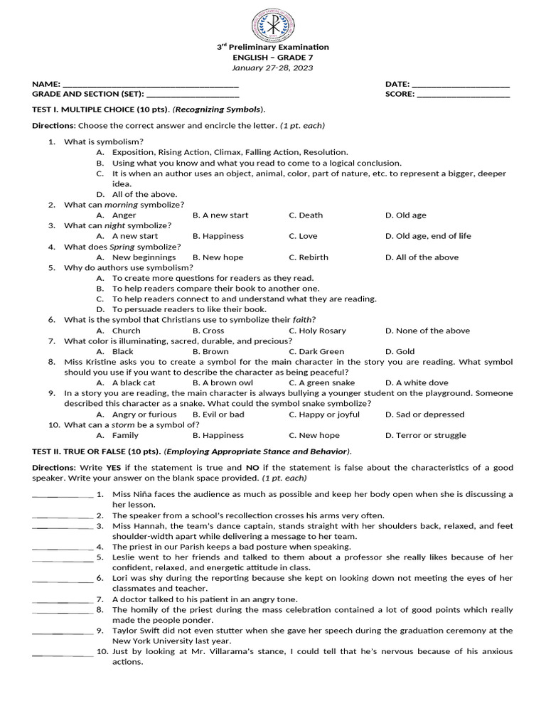 Grade 7 English Exam: Symbolism & Speaking Skills | PDF