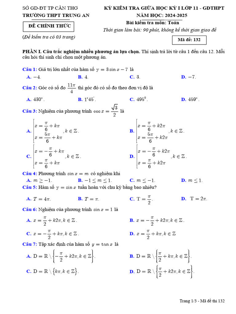De Giua Hoc Ky 1 Toan 11 Nam 2024 2025 Truong THPT Trung An Can Tho | PDF