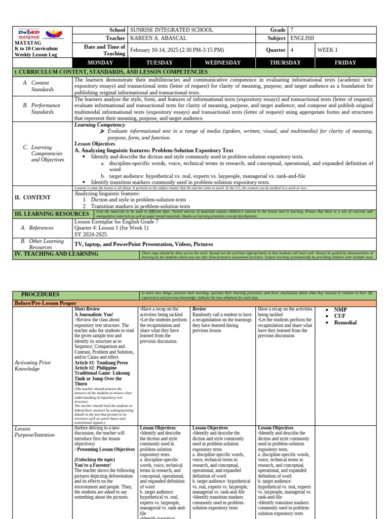 Grade 7 English Weekly Lesson Plan | PDF | Learning | Human Communication