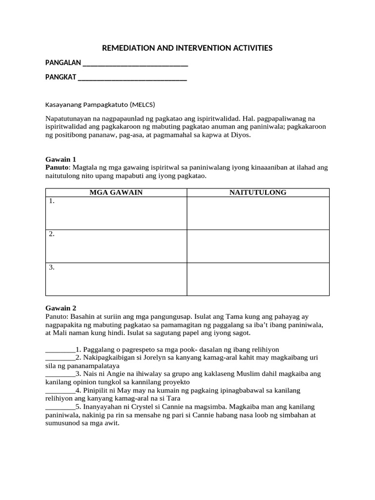 Remediation and Intervention Activities | PDF