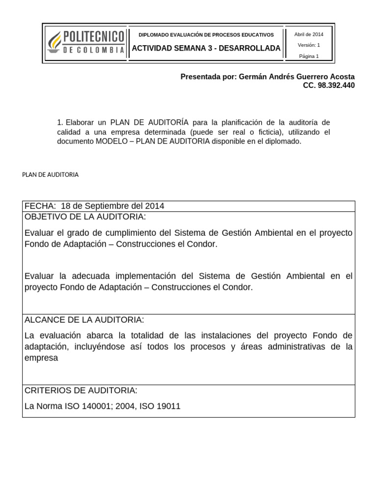 Plan de Auditoría Ambiental ISO 14001 | PDF | Auditoría | Sistema de ...
