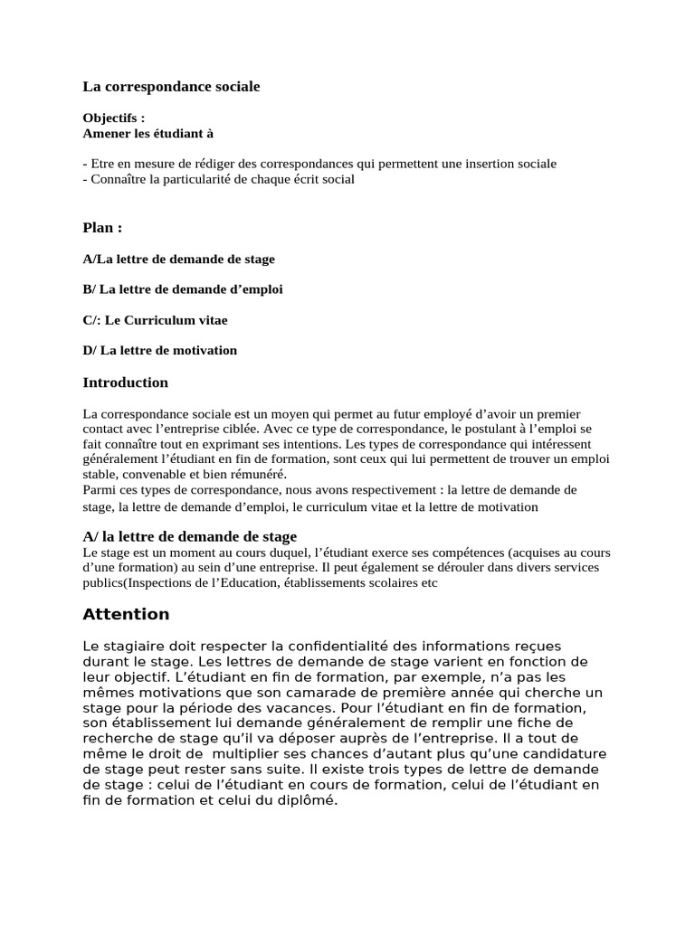 Correspondance sociale : lettres et CV | PDF