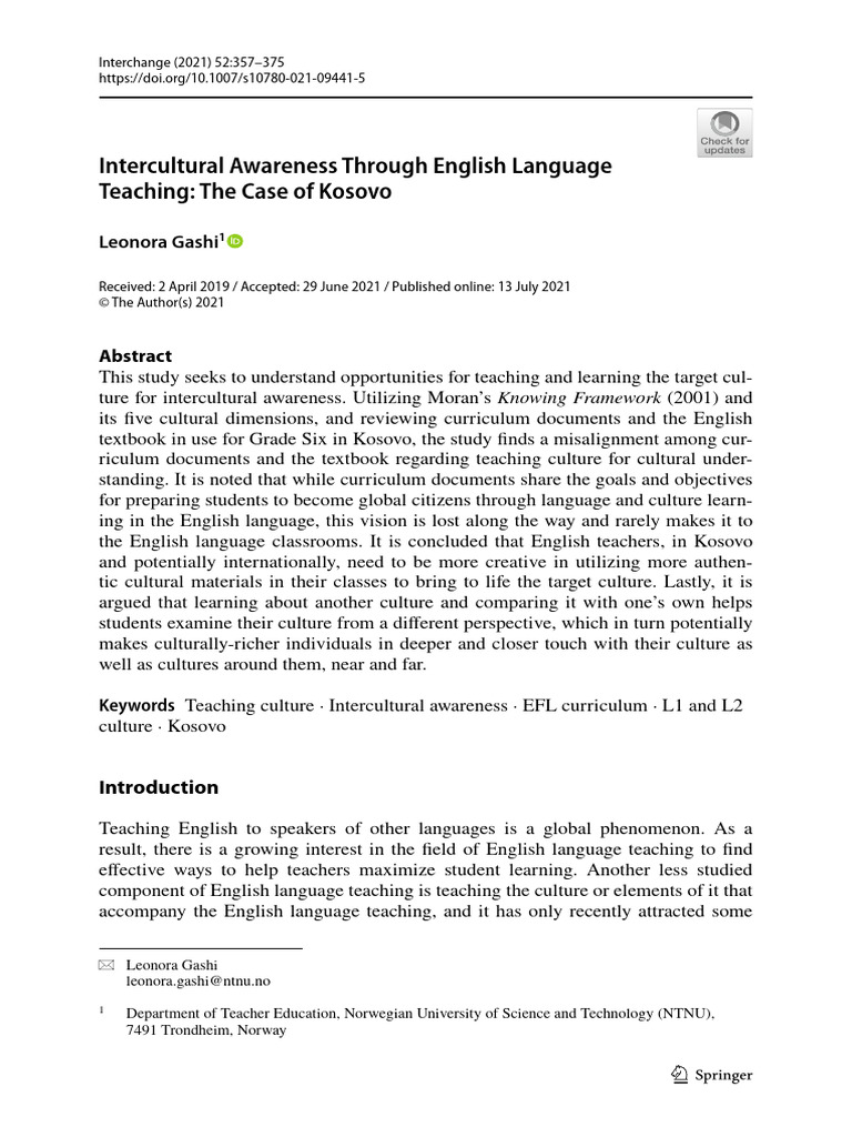 Intercultural Awareness in Kosovo EFL Teaching | PDF | English As A ...