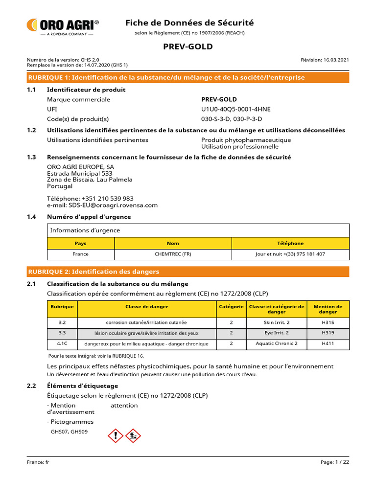 Fiche de sécurité PREV-GOLD 2021 | PDF | Santé et sécurité au travail ...