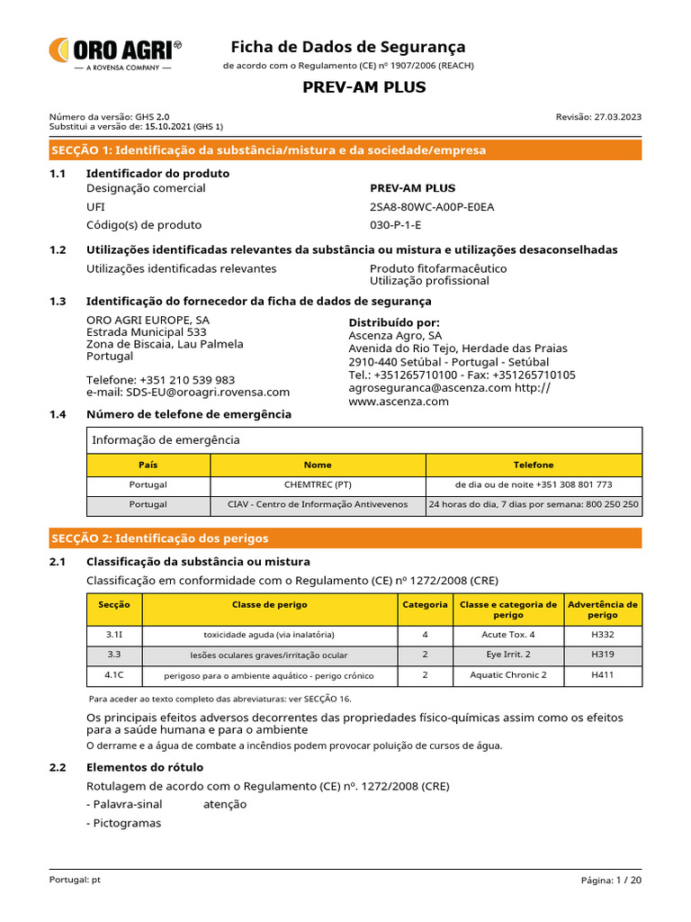Ficha de Segurança do PREV-AM PLUS | PDF | Densidade