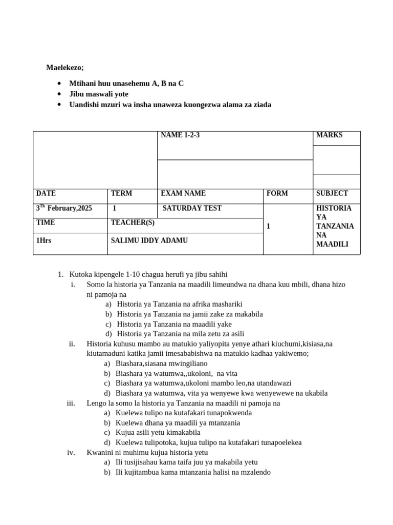 Test Historia Ya Tanzania Na Maadili | PDF