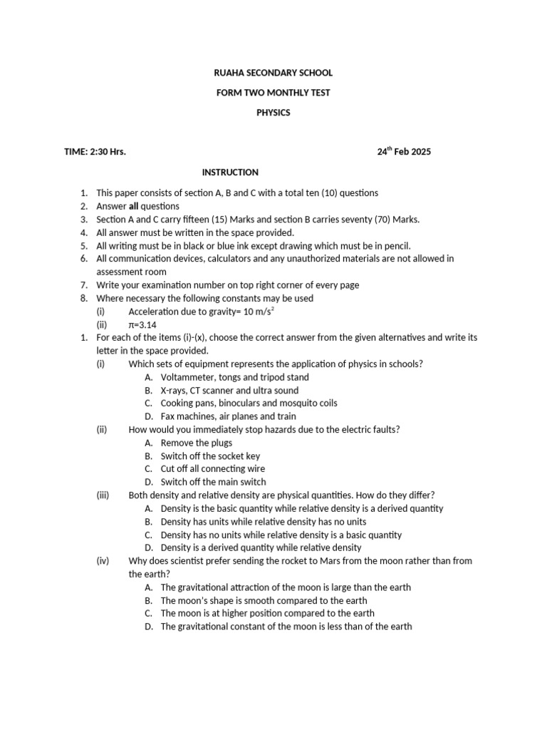 Form Two Monthly Test Physics 2025 Pdf Liquids Gases
