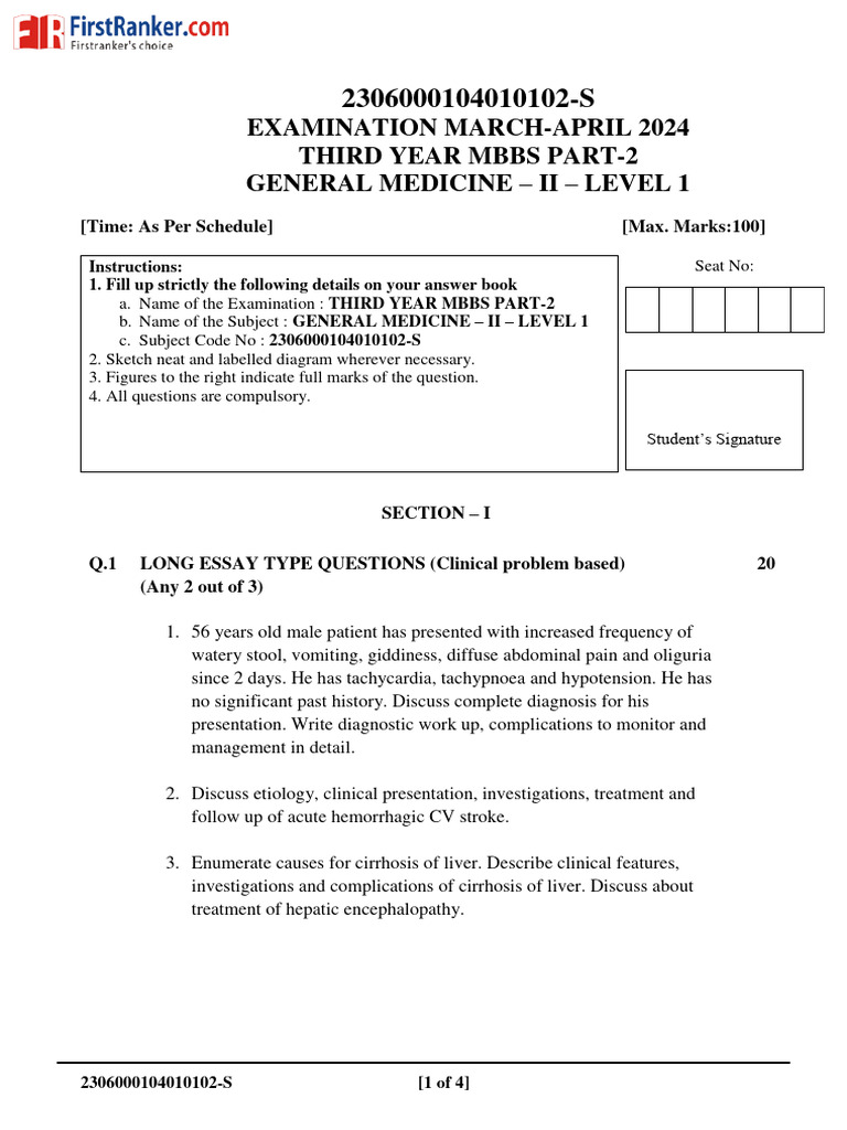 MBBS Part-2 General Medicine Exam 2024 | PDF | Cirrhosis | Obsessive ...