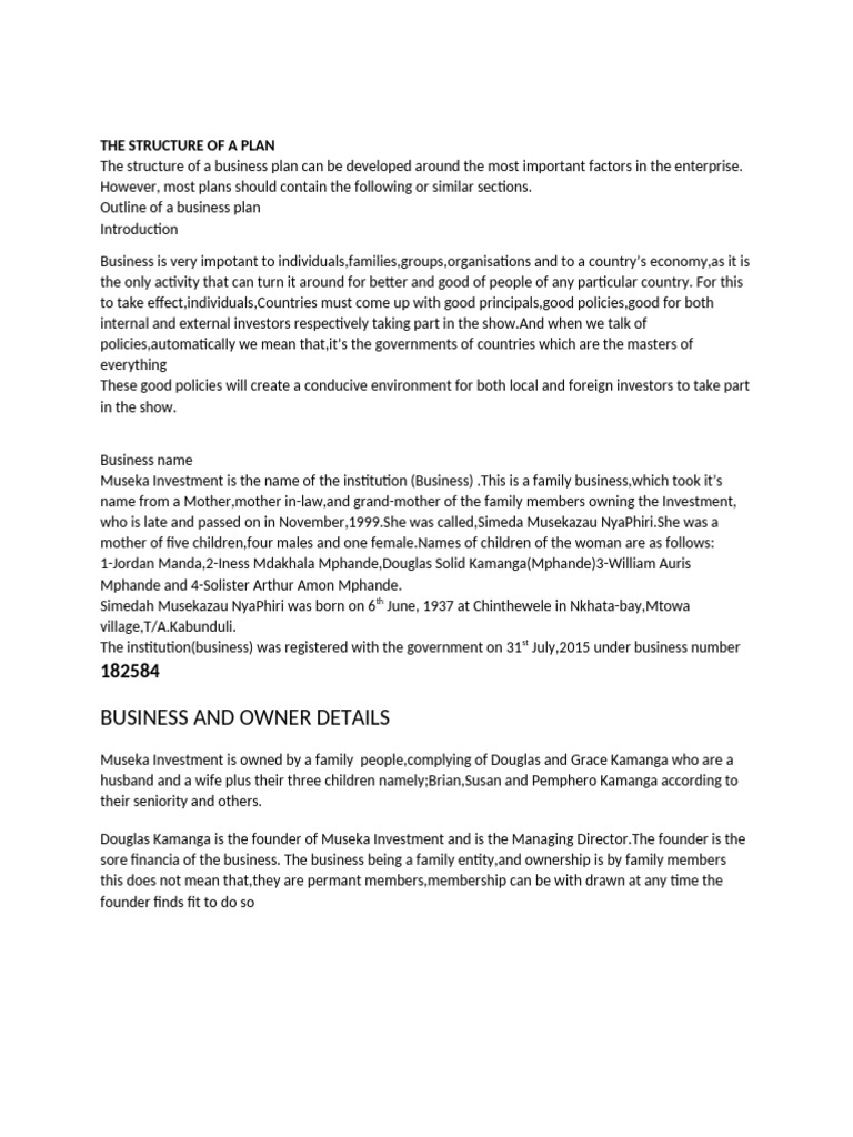 Business Plan Structure for Museka Investment | PDF | Economies