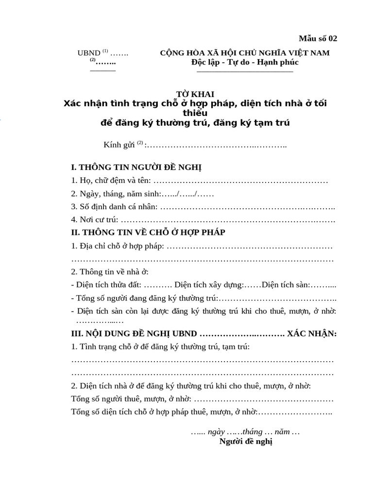 Mẫu 2 Xác Nhận Tình Trạng Chỗ Ở Hợp Pháp | PDF