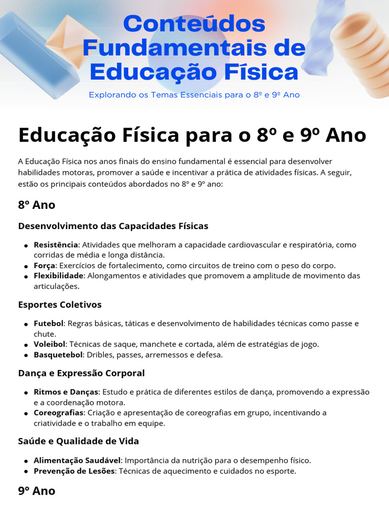 Conteúdos de Educação Física 8º e 9º Ano | PDF | Aprendizado | Ginástica