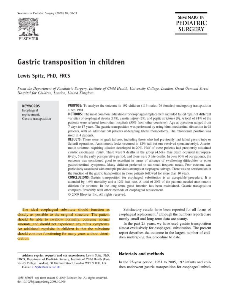 Outcomes of Gastric Transposition in Children | PDF | Esophagus | Stomach