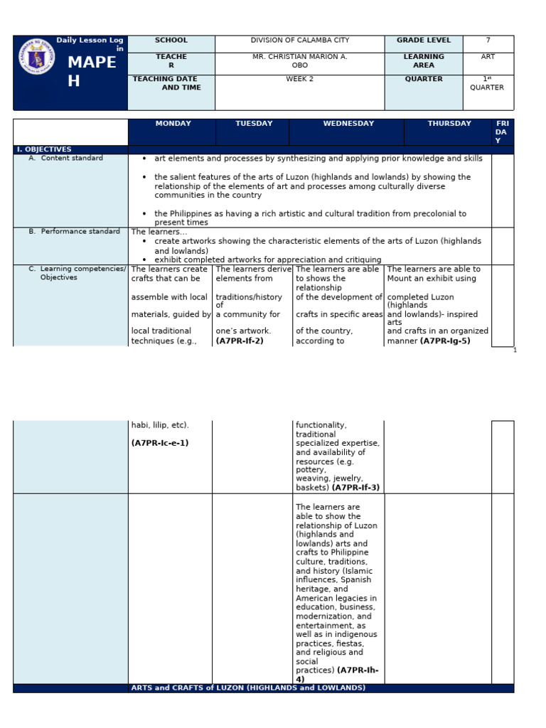 Q1 Grade 7 ARTS DLL Week 2 | PDF | Ornament (Art) | Traditions