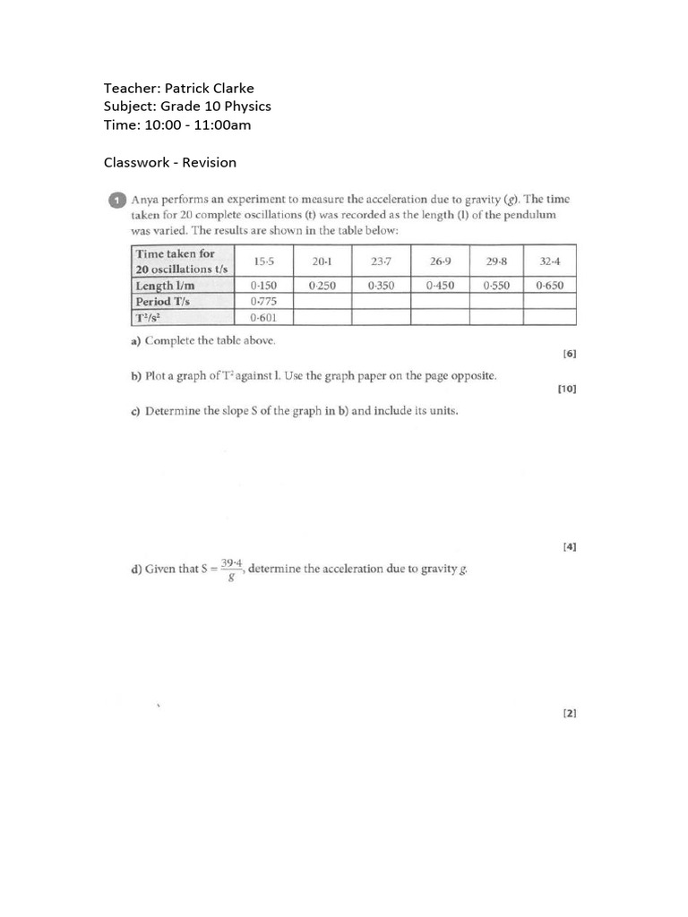 Grade 10 Physics Classwork Revision | PDF