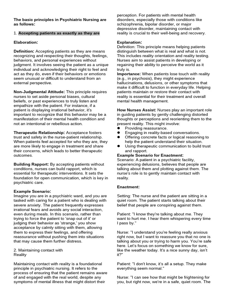 Key Principles of Psychiatric Nursing | PDF | Anxiety | Mental Disorder