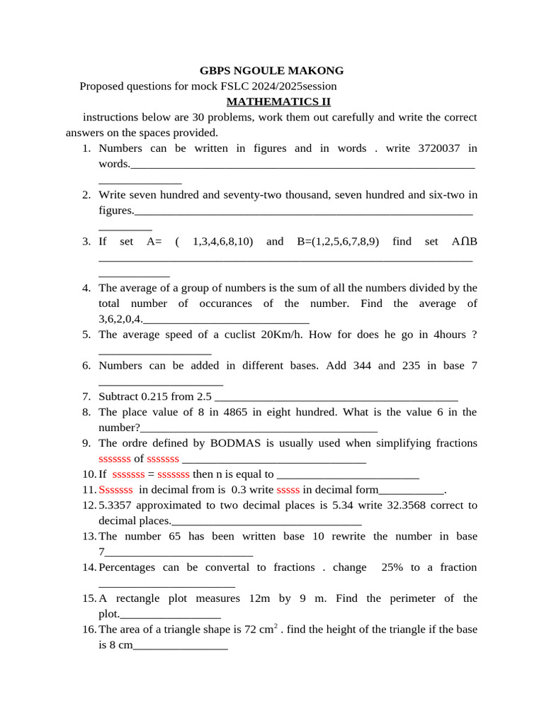 Mock FSLC 2024/2025 Mathematics Questions | PDF | Numbers | Decimal
