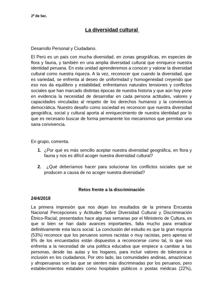Actividades para el Día de la Diversidad Cultural | PDF | Perú ...