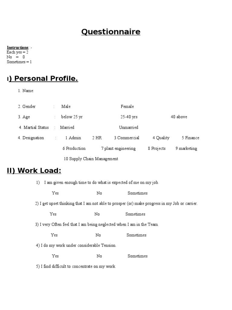 Questionnaire For Stress Management | PDF | Stress (Biology ...