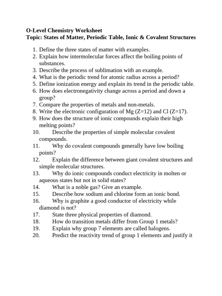 O-Level Chemistry: Matter & Structures Guide | PDF