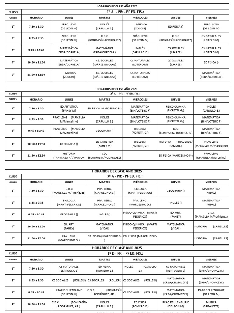 Horarios de Clases 2025 por Curso | PDF