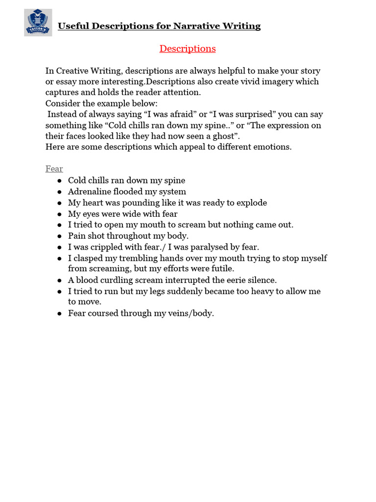 Useful Descriptions For Narrative Writing (Fear) | PDF